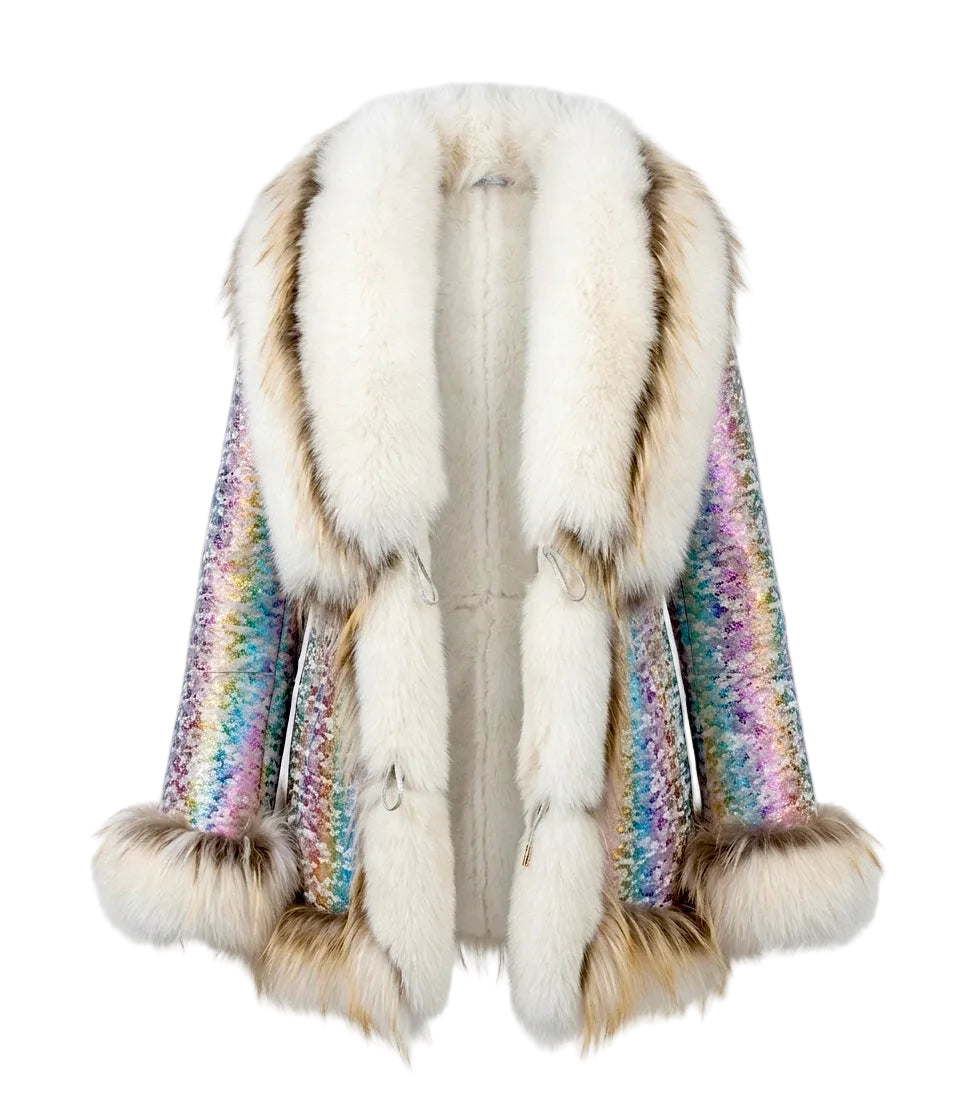 New Era Collection 2026-27
Finland Certified Farmed Fox Fur & Italian Metallic Rainbow Shearling Fur Coat. 
Iconic. Exclusive. Unique.