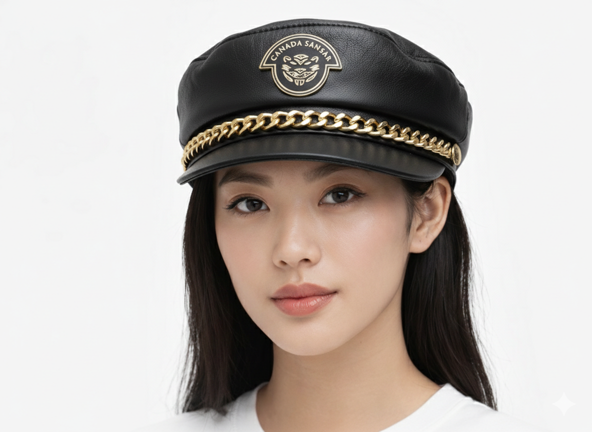 New Era Collection 2026-Luxury Black Lamb Leather Designer Officer Hat.(Unisex)