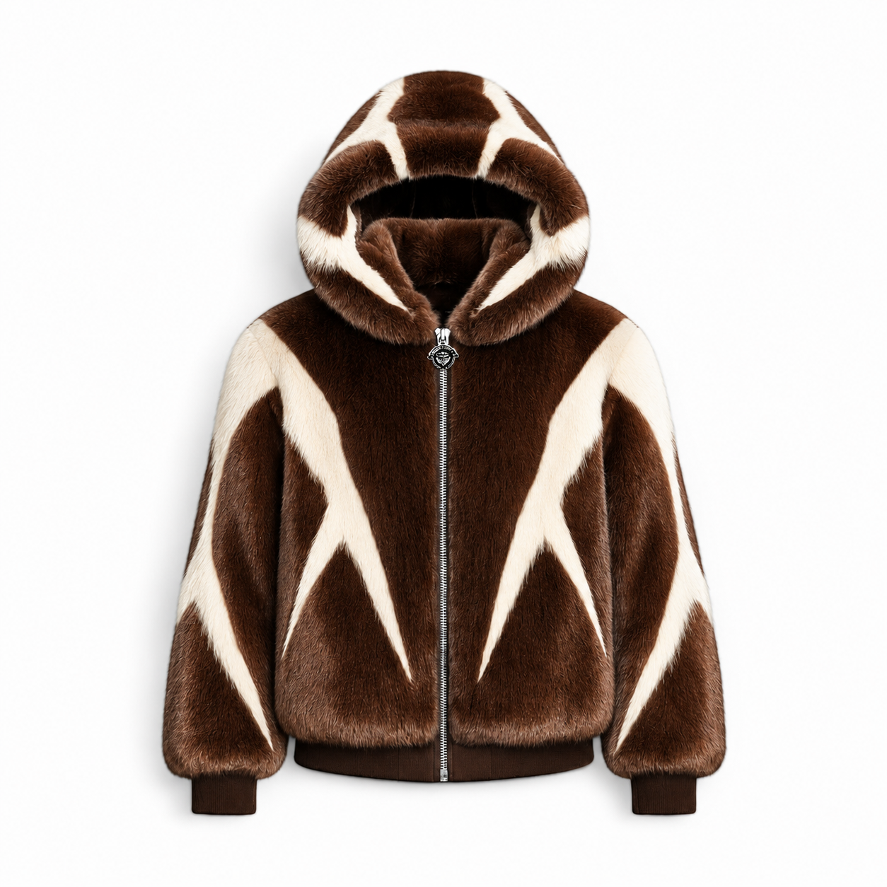 New Era Collection 2026-27                             “ECLIPSE” Cappuccino with Cream colour Intarsia Toscana Lamb Fur hooded Coat.