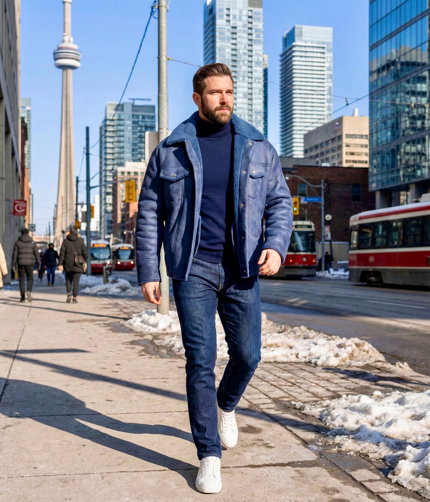 2026 New Era Collection                         Classic Elegance Indigo-Blue Shearling Jacket.