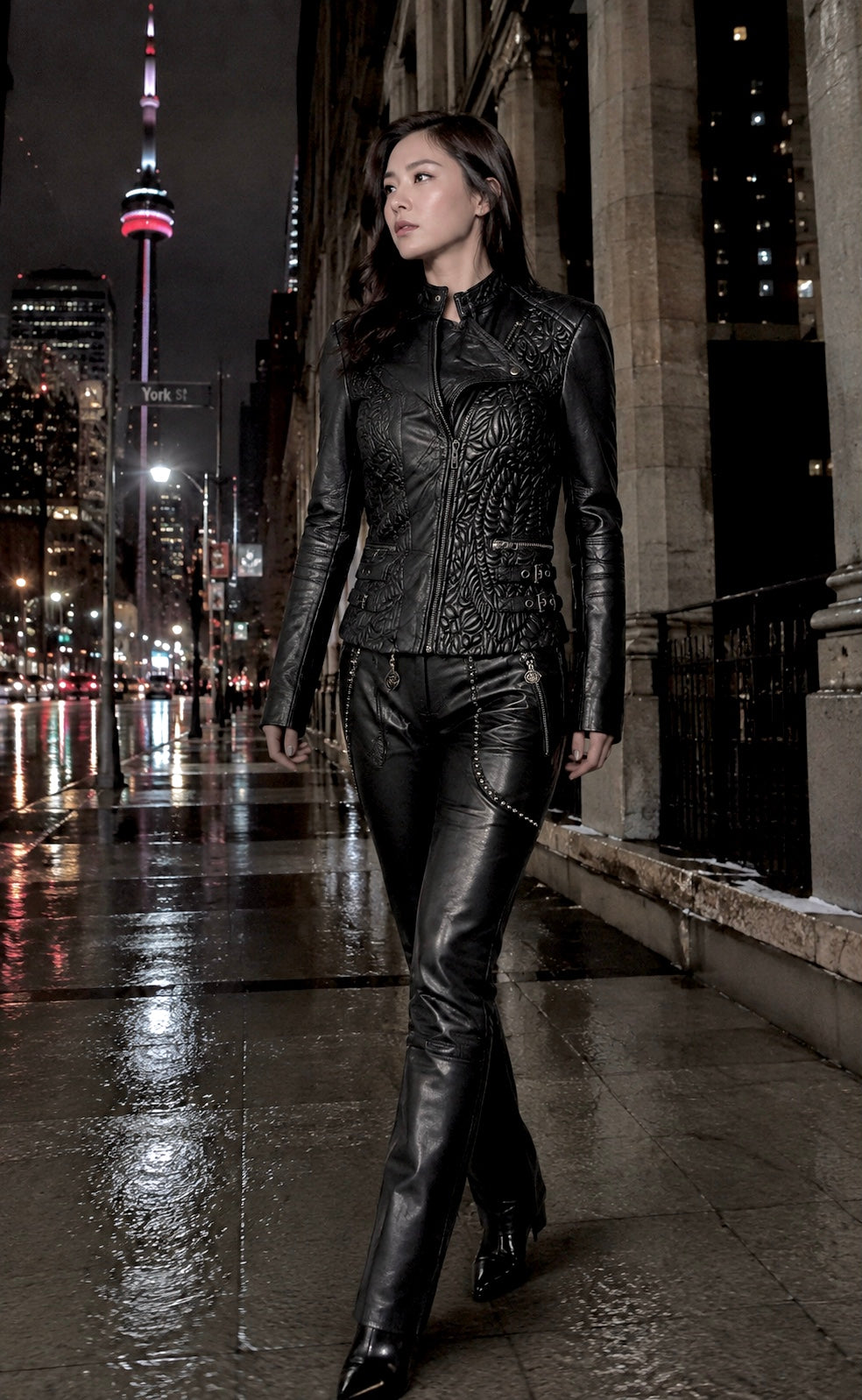 OBSIDIAN ÉLAN™ — 3D Embossed Lamb Leather Jacket. $1,450.                                       OBSIDIAN MOTION™ — Italian Stretch Lamb Leather Pant. $1,250.