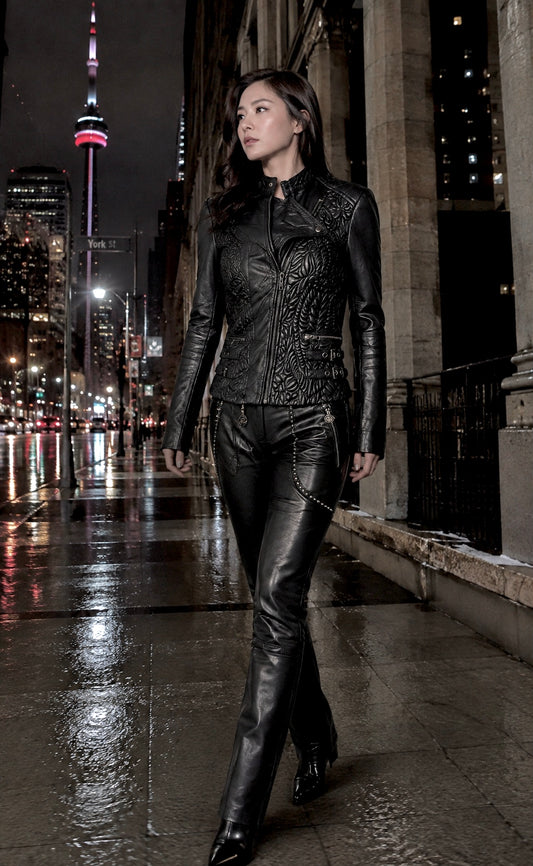 OBSIDIAN ÉLAN™ — 3D Embossed Lamb Leather Jacket. $1,450.                                       OBSIDIAN MOTION™ — Italian Stretch Lamb Leather Pant. $1,250.