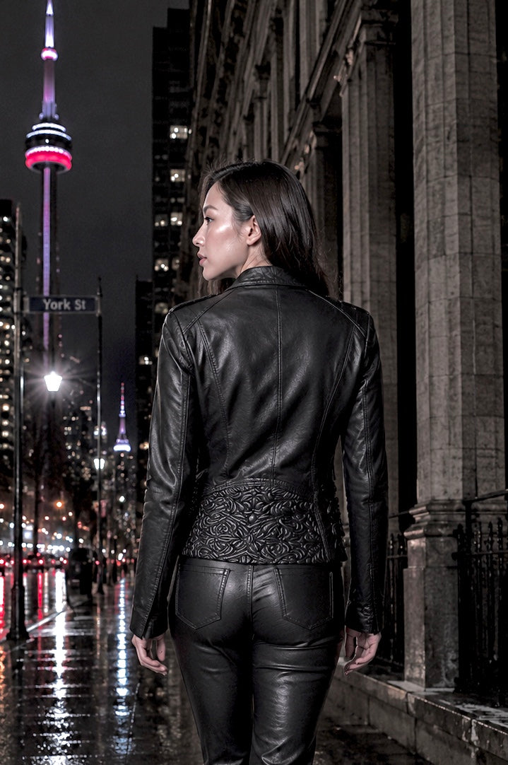 OBSIDIAN ÉLAN™ — 3D Embossed Lamb Leather Jacket. $1,450.                                       OBSIDIAN MOTION™ — Italian Stretch Lamb Leather Pant. $1,250.