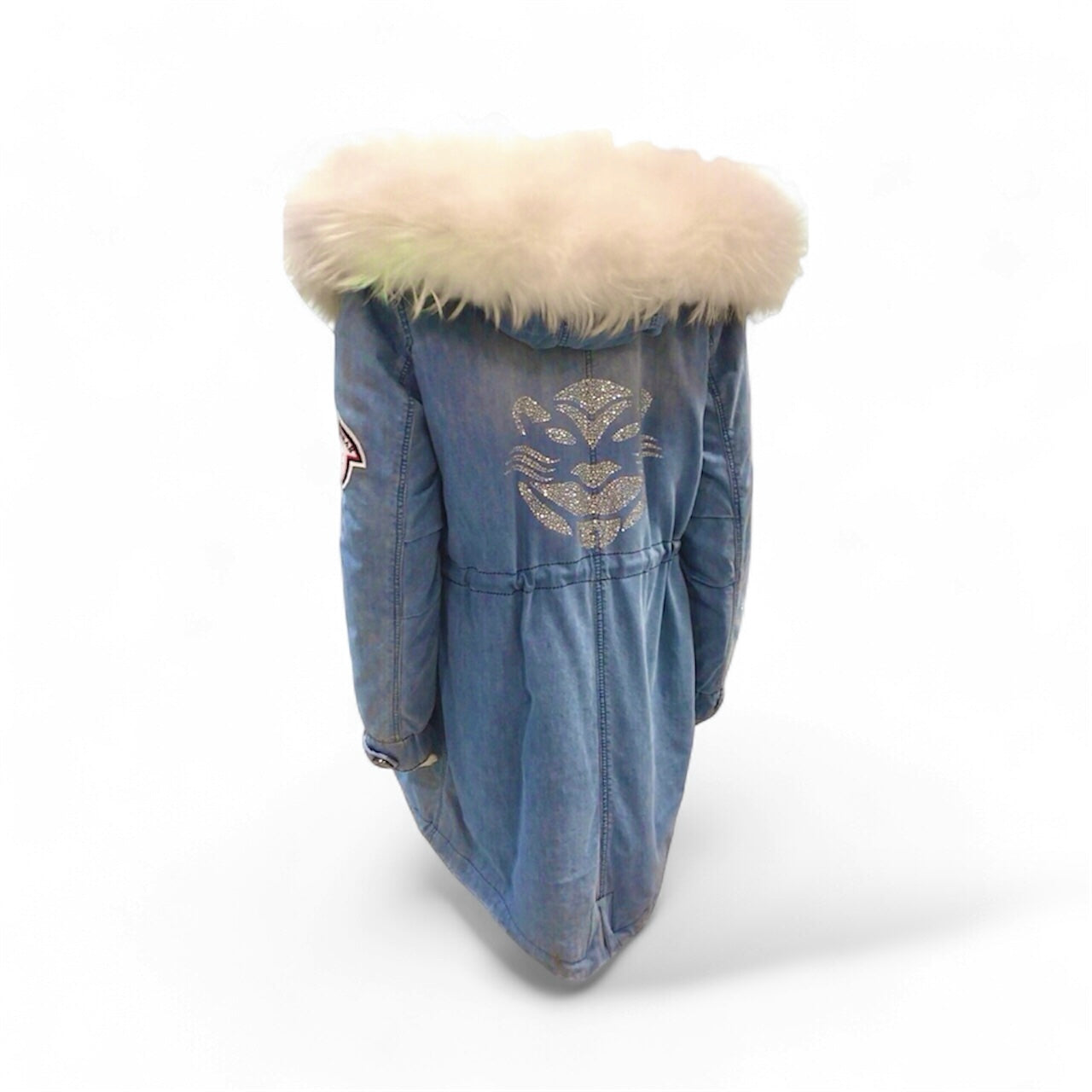 Luxury Iconic Washed Denim with Crystals CS Icon White Fur Parka
