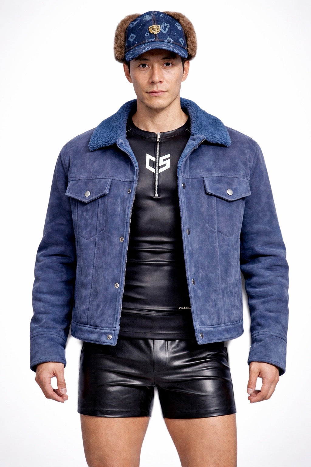 2026 New Era Collection                         Classic Elegance Indigo-Blue Shearling Jacket.