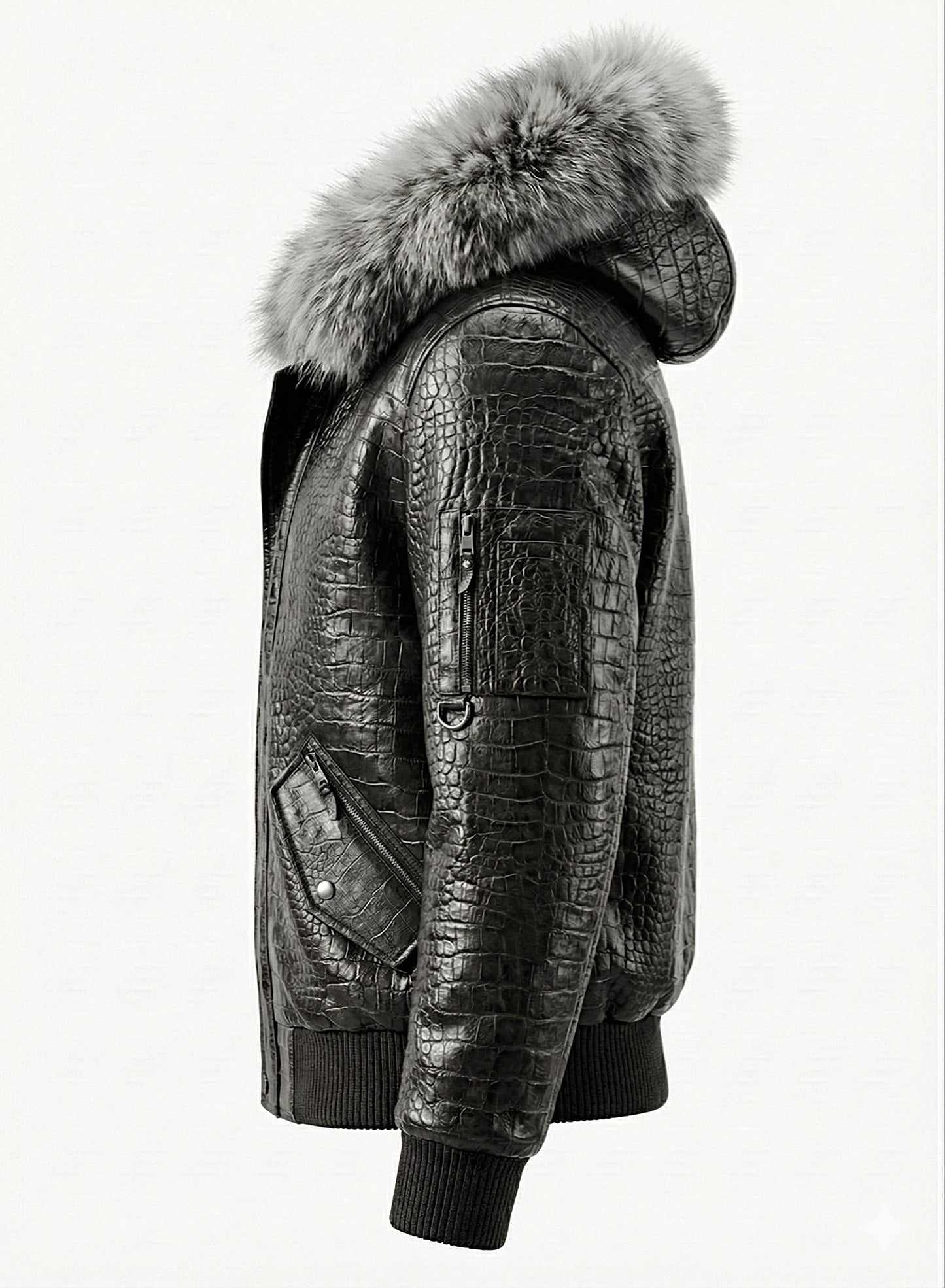 The Élégance Nuit Bomber: Handcrafted Italian Shearling & Silver Fox Fur Bomber Jacket.