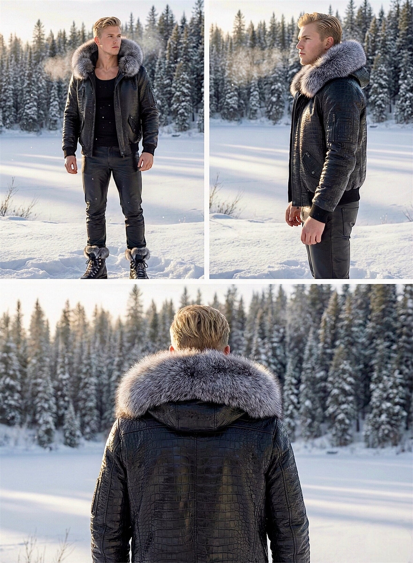 The Élégance Nuit Bomber: Handcrafted Italian Shearling & Silver Fox Fur Bomber Jacket.