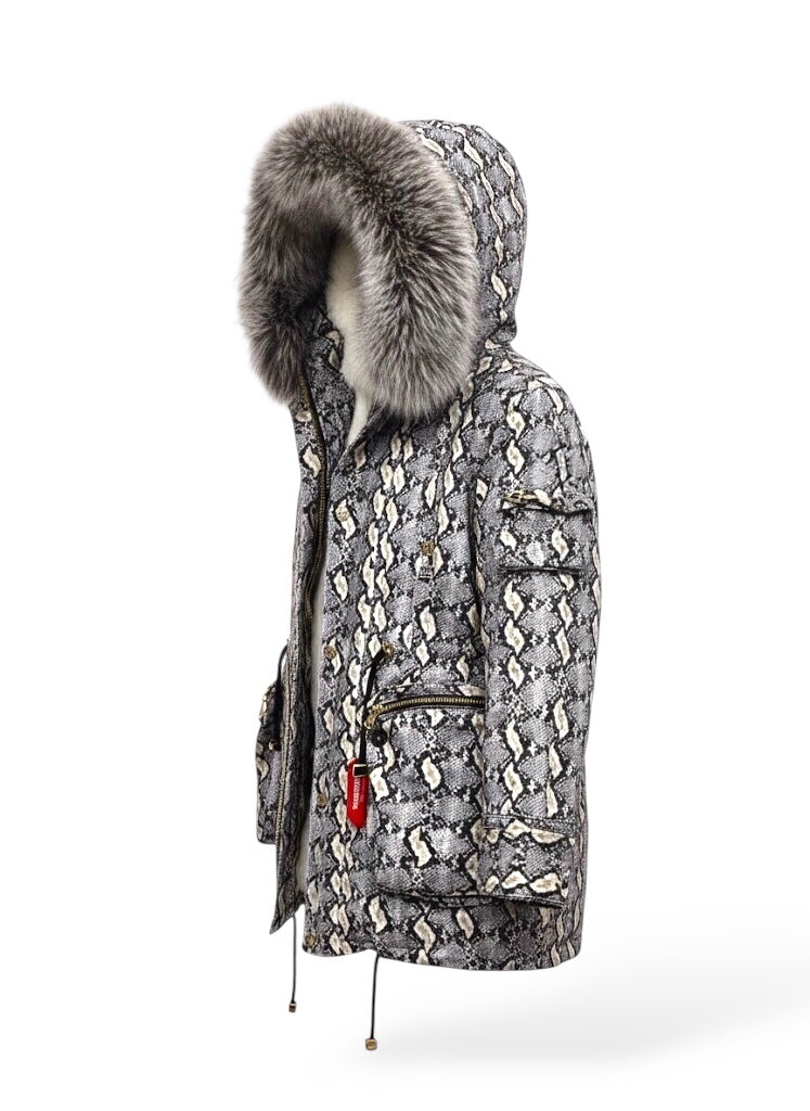 CANADA SANSAR | Luxury Silver Fox Fur Parka with Python Velvet Shell
