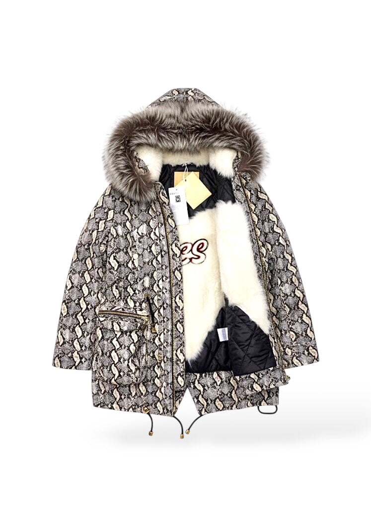 CANADA SANSAR | Luxury Silver Fox Fur Parka with Python Velvet Shell