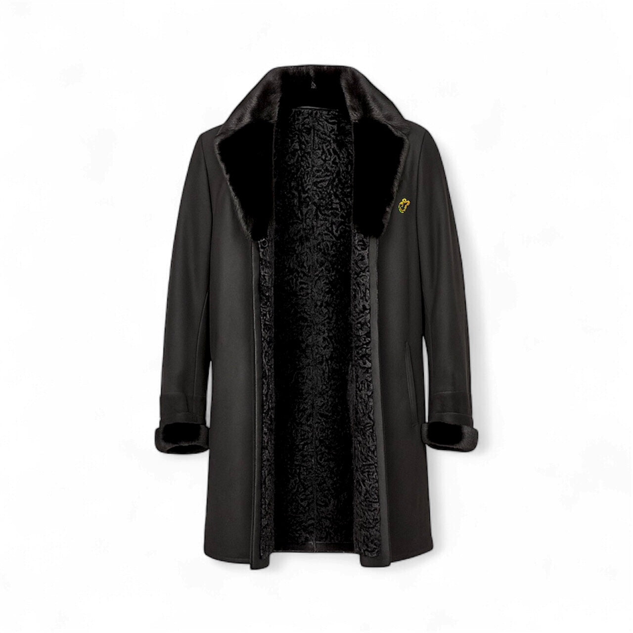 Limited Edition Black Astrakhan Nubuck Shearling Coat with Black Mink Fur Lapel