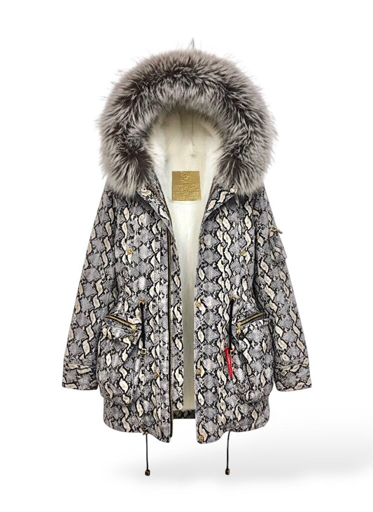 CANADA SANSAR | Luxury Silver Fox Fur Parka with Python Velvet Shell
