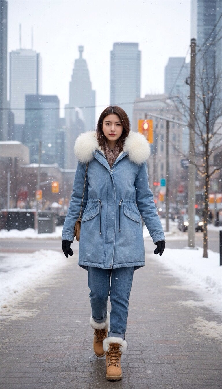 Luxury Iconic Washed Denim with Crystals CS Icon White Fur Parka
