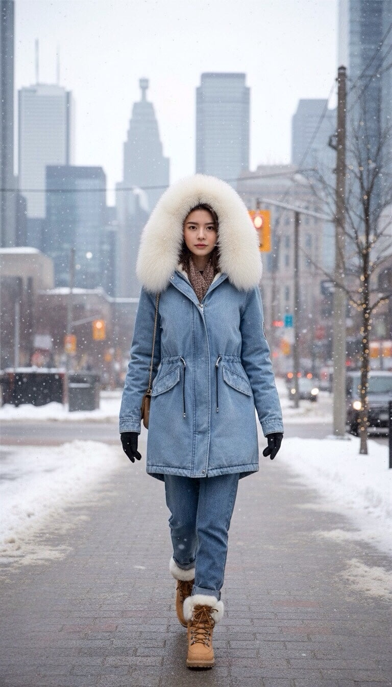 Luxury Iconic Washed Denim with Crystals CS Icon White Fur Parka