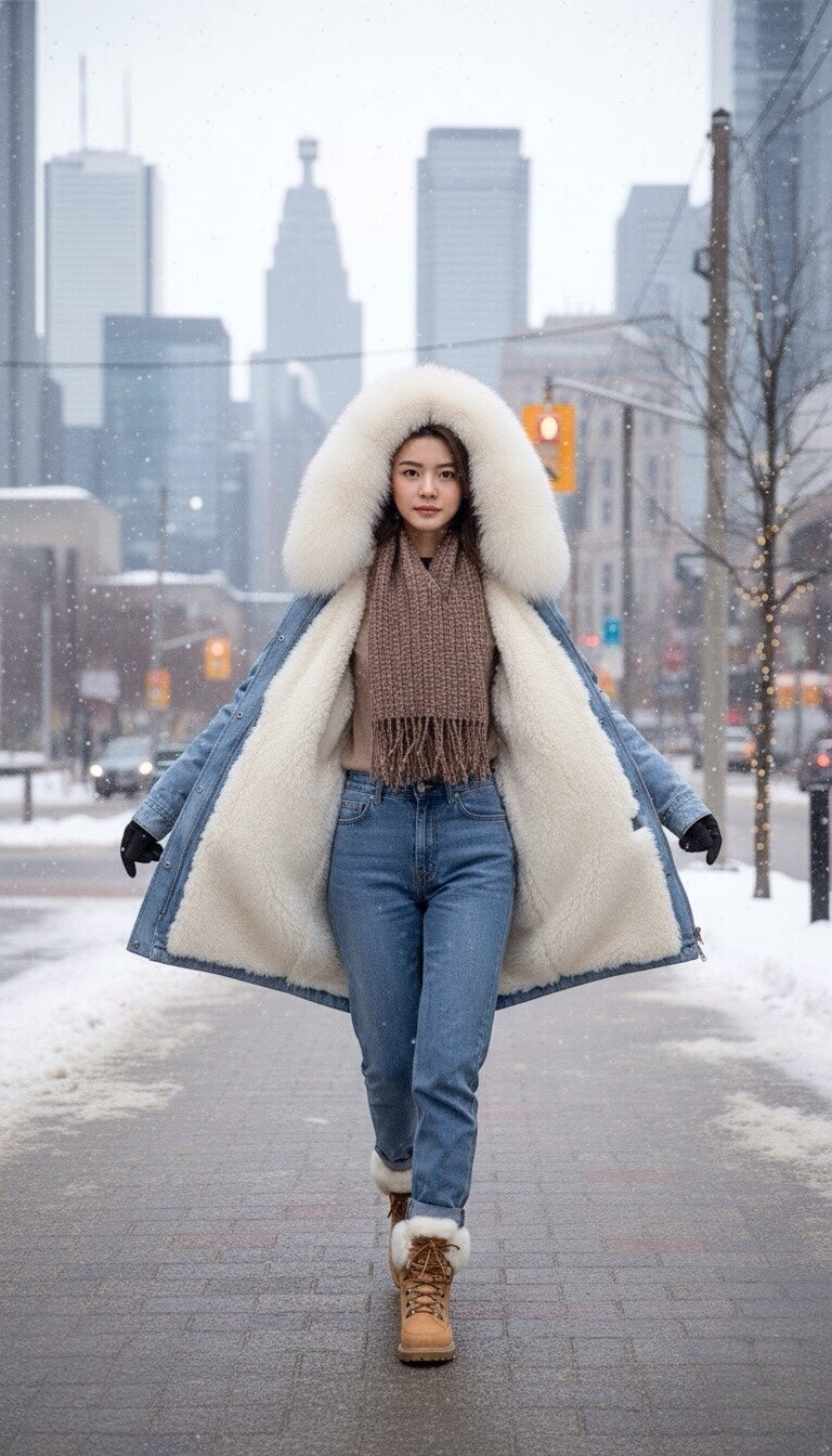Luxury Iconic Washed Denim with Crystals CS Icon White Fur Parka