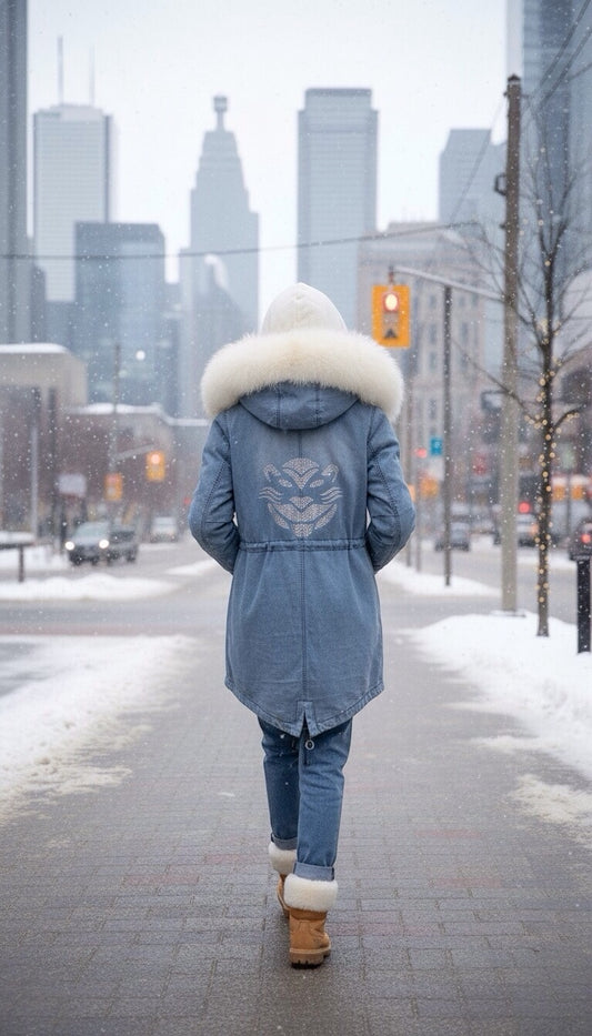 Luxury Iconic Washed Denim with Crystals CS Icon White Fur Parka