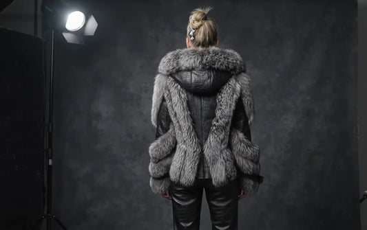 ARCTIC SOVEREIGN PLUS - Black Crocodile Shearling & Silver Fox Fur hooded Coat. (Made-To-Order)